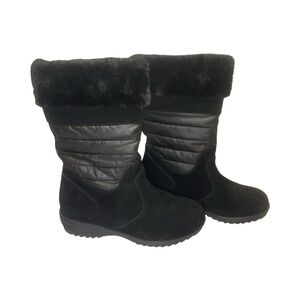 Lands End Womens Black Suede Faux Fur Lined Winter Boots Warm Cozy Mid Calf Sz 7
